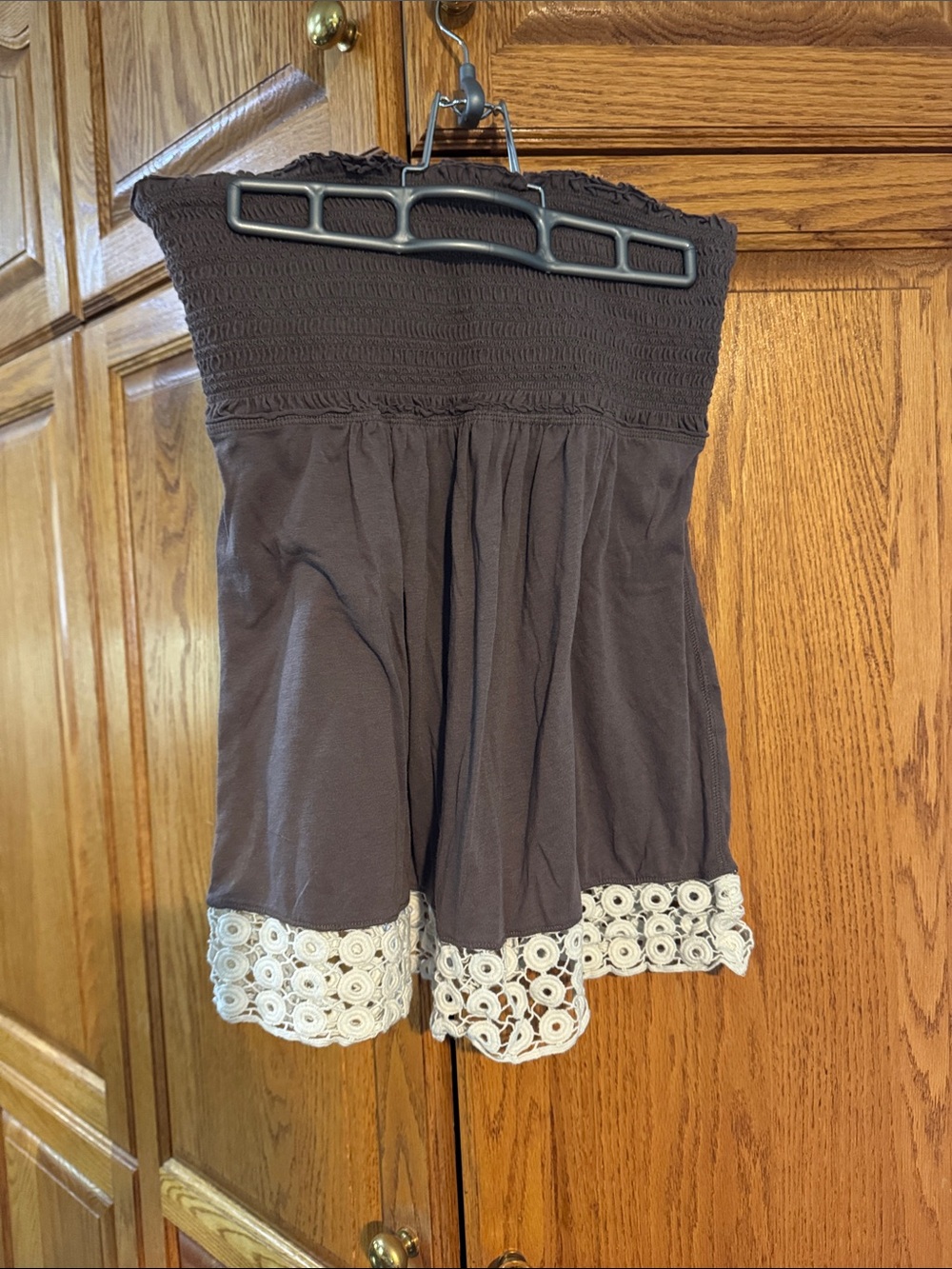 Victoria's Secret Brown Strapless Smocked Tank with White Lace Trim - Picture 1 of 1